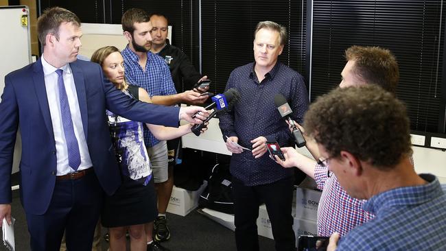 Port Adelaide Football Club CEO Keith Thomas speaks to the media about player Jarman Impey, who was allegedly involved in a hit-run overnight. Picture: Simon Cross