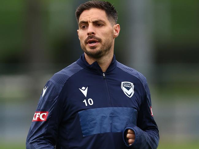 MELBOURNE, AUSTRALIA - MAY 21: Bruno Fornaroli of Melbourne Victory warms up during a Melbourne Victory A-League training session at Gosch's Paddock on May 21, 2024 in Melbourne, Australia. (Photo by Quinn Rooney/Getty Images)