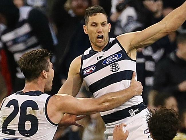 AFL Round 21 : Richmond v Geelong Harry Taylor gets a free kick against David Astbury 4th term Taylor kicked a gosl to put the cats in front Picture:Wayne Ludbey