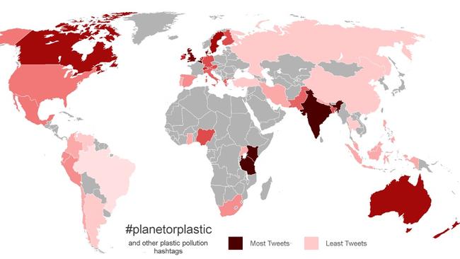 This map shows the percentage of overall tweets referring to plastic. In Kenya, 4.9 per cent of tweets were about plastic while only 0.4 per cent of tweets coming out of the US are about the issue.
