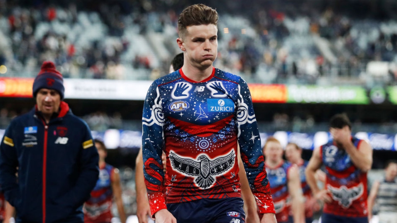 GEELONG, AUSTRALIA - JULY 07: Bayley Fritsch of the Demons looks dejected after a loss during the 2022 AFL Round 17 match between the Geelong Cats and the Melbourne Demons at the GMHBA Stadium on July 07, 2022 in Geelong, Australia. (Photo by Dylan Burns/AFL Photos via Getty Images)