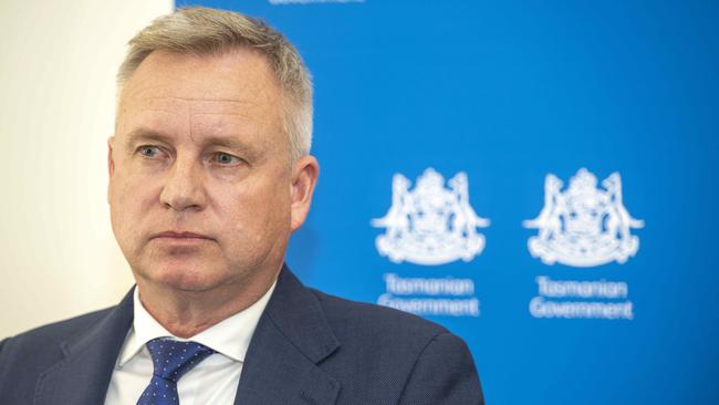 Tasmanian Premier Jeremy Rockliff announces the resignation of attorney-general Elise Archer, who could now bring the government down. Picture: Rob Burnett