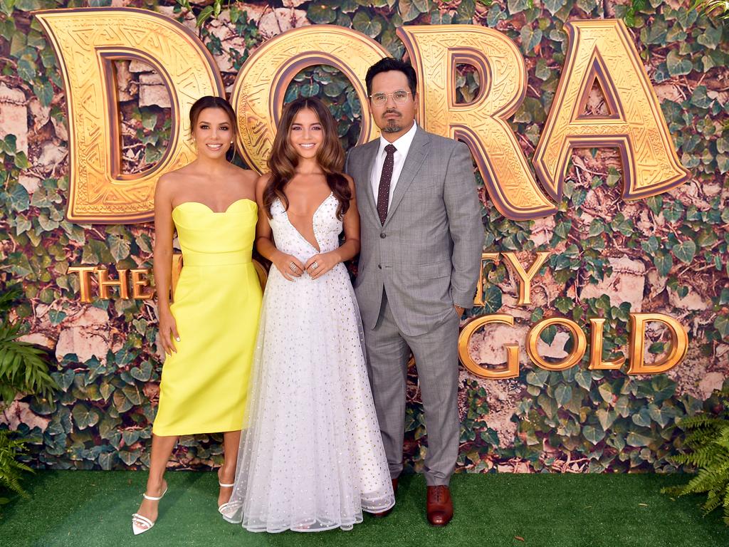 Eva Longoria (Dora’s mother Elena), Isabela Moner (Dora) and Michael Pena (Dora’s father) at the world premiere of the Queensland-filmed Dora and the Lost City of Gold at Regal LA cinemas. Picture: Matt Winkelmeyer/Getty Images