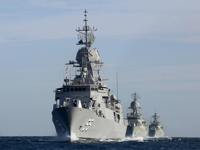 Anzac-class frigates HMAS Ballarat, HMAS Anzac and HMAS Stuart off Western Australia. Experts warn Australia needs to increase defence spending and acquire additional ships and aircraft to secure the nation’s security and strategic interests.