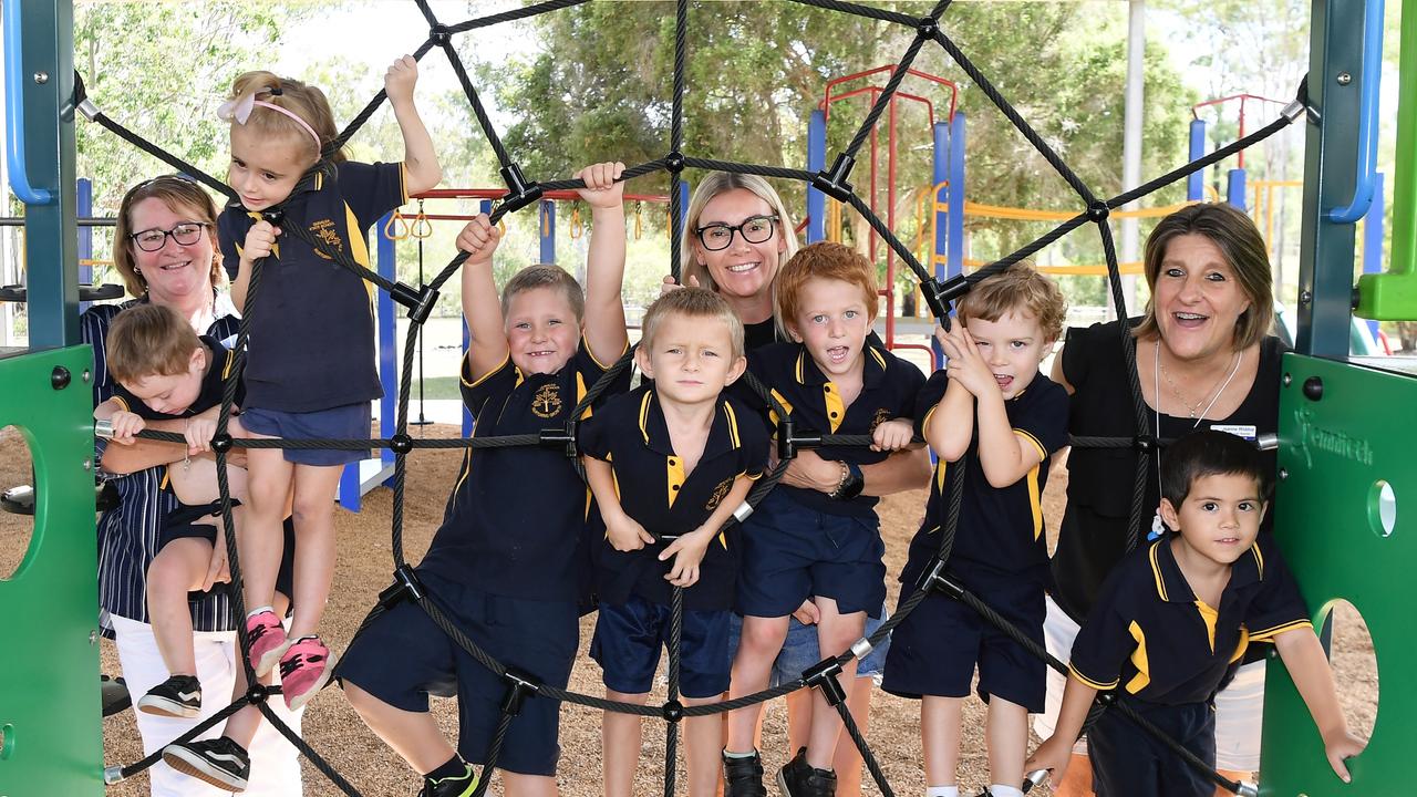 Gunalda State School Preps. (LtoR) Ayden Gill, Alexys Rensonnet, Jasper Warren, Erik Helm-Pascoe, Holden Walters, Leighton Summerville, Caden Caldwell. Teachers, Mrs Peta Loney, Mrs Karolyn Baumgart, Mrs Joanne Widdop are among the new students taht ahve helped the school double its enrolment figures in the past five years. Picture: Patrick Woods.