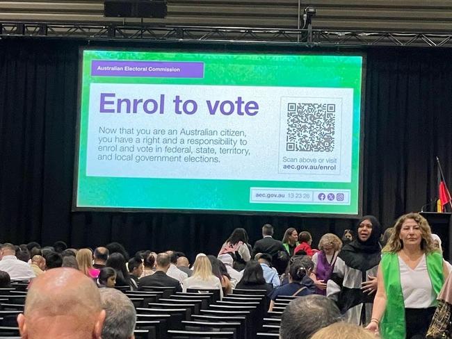 A screen inside the first of a blitz of citizenship ceremonies put on in western Sydney by Tony Burke’s department. Picture: Supplied