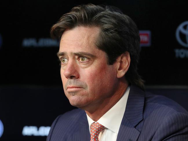 AFL press conference with AFL Commission Chair Richard Goyder and CEO Gillon McLachlan. CEO Gillion McLachlan has announced he is stepping down from his roll as CEO. Tuesday, APRIL 12, 2022. Picture: David Crosling