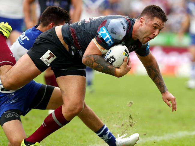 Manly's Curtis Sironen scores a try during the round 4 NRL game between the Manly Sea Eagles and the Canterbury Bankstown Bulldogs at Lootoland , Brookvale . Picture : Gregg Porteous