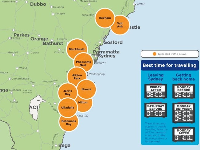 A map of the traffic delays expected for the long weekend and best times to hit the road for Sydneysiders.