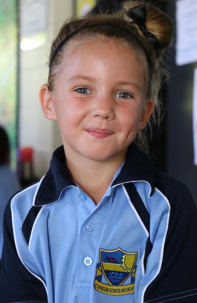 Indie Becker on her first day of prep at Coolum State School in Coolum Beach, on January 22. Picture: Letea Cavander