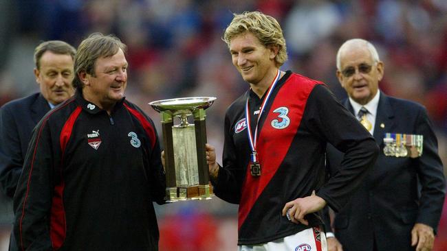 Kevin Sheedy and Essendon captain James Hird enjoy an Anzac Day win in 2004.