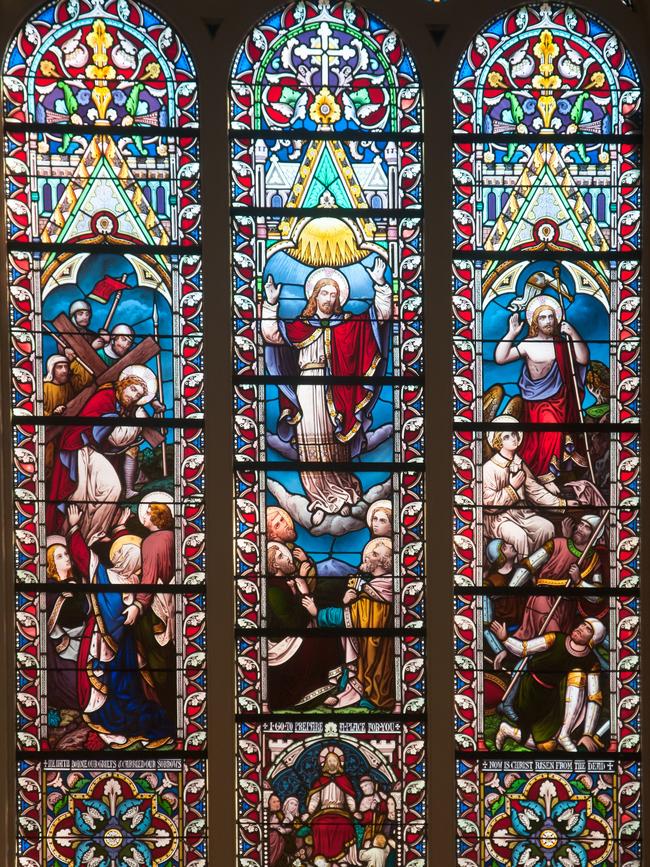 Stained glass panels depicting the Easter story from St. Paul's Church (1749), Halifax, Nova Scotia.