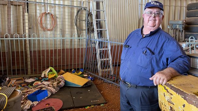 Darwin businessman Ken Martin in front of the playpen set up at his industrial worksite. Matt Cunningham/Sky News