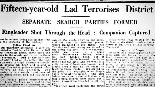 A 1922 newspaper headline about the boys’ crimes. Picture: Trove