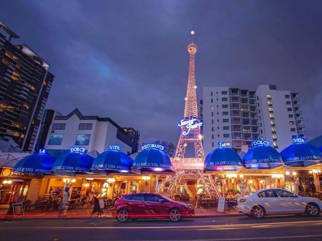 La Dolce Vita restaurant in Milton, Brisbane and it's iconic 'eiffel tower' replica. Picture: Instagram @ladolcevitamilton