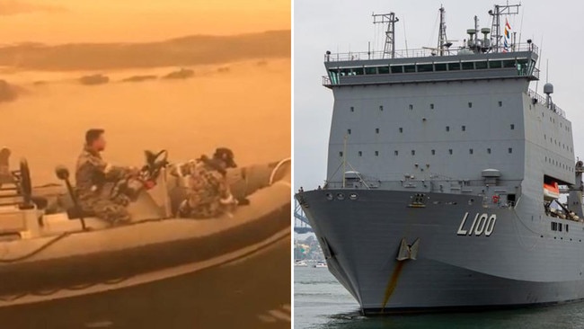 Relief arrives at Mallacoota, left, and HMAS Choule, right. Pictures: Suppled