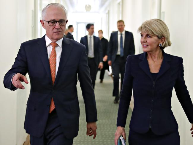 Incumbent Australian Prime Minister Malcolm Turnbull with Julie Bishop after the leadership spill on Friday. Picture: AP