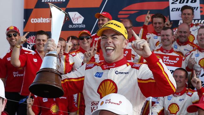 Scott McLaughlin celebrates winning the Supercars Championship for 2018.