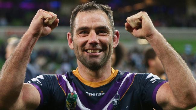 Cameron Smith celebrates Storm’s win over the Sharks at AAMI Park. Picture: AAP