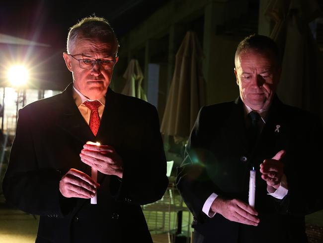 PM Malcolm Turnbull and Opposition Leader Bill Shorten attending a candlelight vigil for Eurydice Dixon at Parliament House in Canberra. Picture: Kym Smith