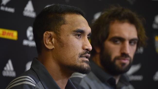 All Blacks Jerome Kaino and Sam Whitelock take part in a press conference in Auckland.