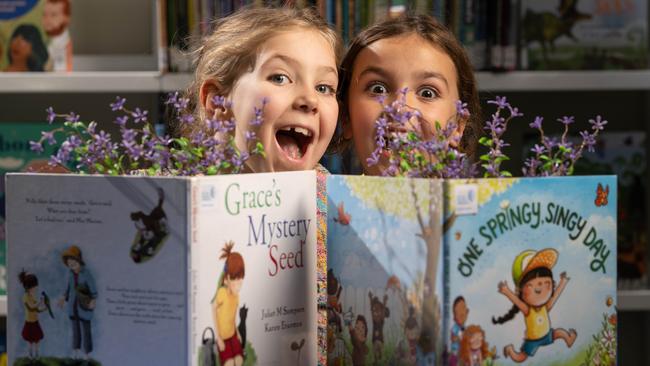 Zoe and Willow are excited about the spring-themed September holiday activities running at libraries across the region during the break. Picture: Brad Fleet