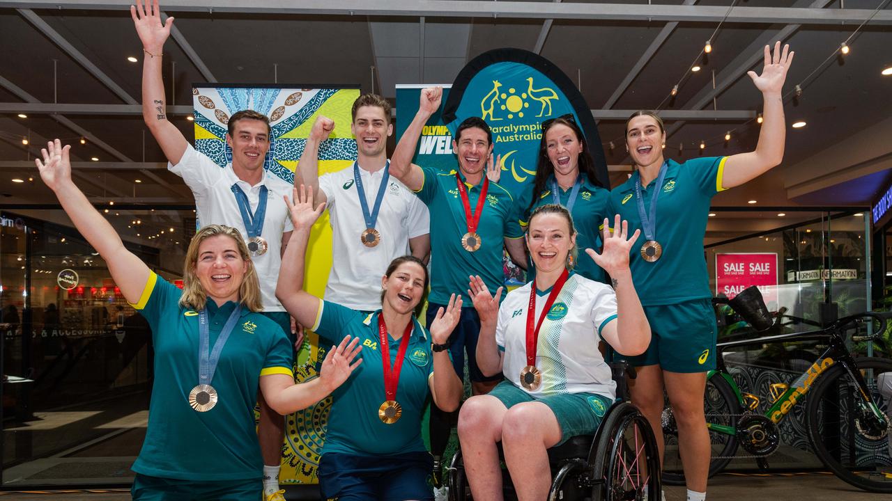 Top (L-R) Zac Stubblety-Cook, Matthew Glaetzer, Darren Hicks, Lani Pallister, Natalya Diehm. Bottom (L-R) Zoe Arancini, Nikki Ayers and Shae Graham at the Olympic and Paralympic teams Welcome Home Celebrations at Casuarina shopping centre, Darwin, Oct 2024. Picture: Pema Tamang Pakhrin