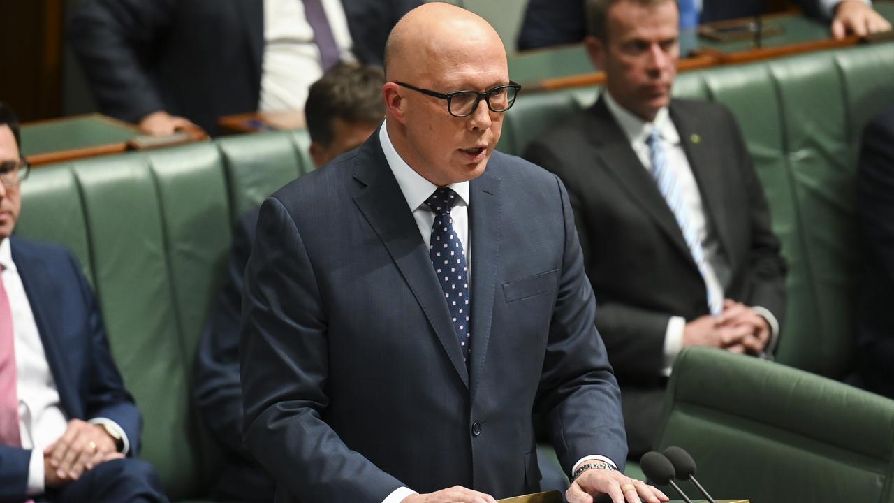 Leader of the Opposition Peter Dutton delivers his Budget reply in the House of Representatives at Parliament House in Canberra. Picture: NCA NewsWire/Martin Ollman