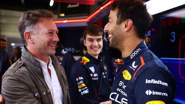 File Photo: Australian Driver Daniel Ricciardo Joins AlphaTauri For Remainder Of 2023 F1 Season – NORTHAMPTON, ENGLAND – JULY 11: Daniel Ricciardo of Australia and Oracle Red Bull Racing speaks with Red Bull Racing Team Principal Christian Horner as he prepares to drive during Formula 1 testing at Silverstone Circuit on July 11, 2023 in Northampton, England. (Photo by Mark Thompson/Getty Images)