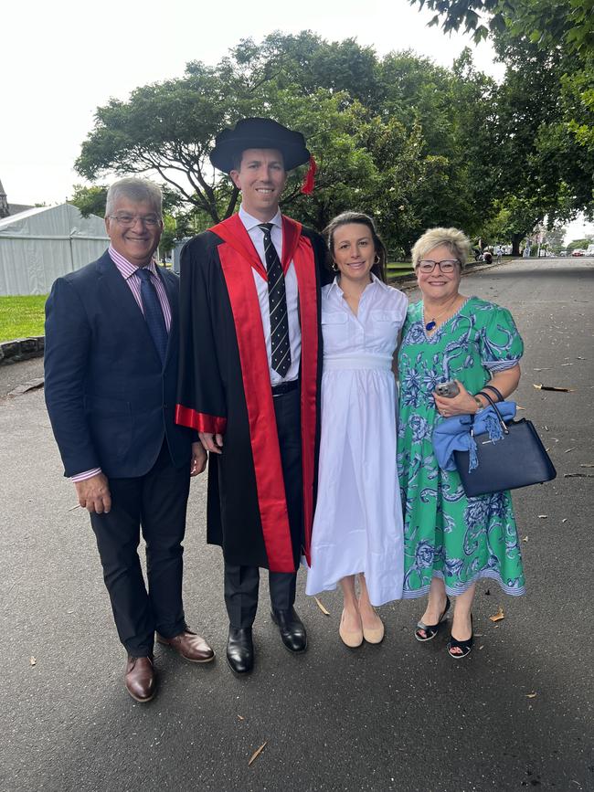 Professor Victor Galea, Dr Michael Bullen (PhD in Medicine) Anna Bullen and Kathryn Galea at the University of Melbourne graduations held at the Royal Exhibition Building on Tuesday, December 17, 2024. Picture: Jack Colantuono