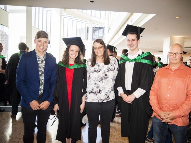 Jake Oliver, Alexandra Oliver, Lynda Oliver, Gareth Davy and Mark Oliver. University of Tasmania Hobart Graduations 2019, Wednesday morning. Picture: RICHARD JUPE