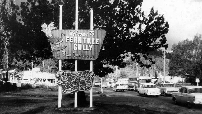 The Ferntree Gully welcome sign was installed to coincide with the 1956 Melbourne Olympics. Picture: Knox Historical Society.