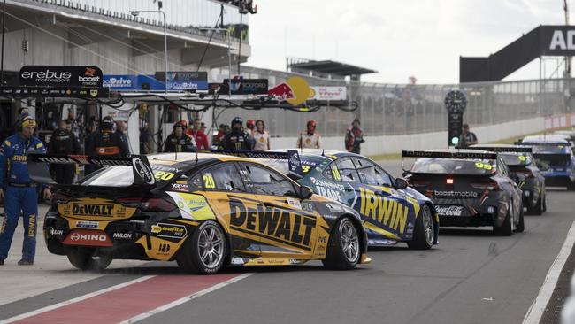 Team 18 drivers Scott Pye and Mark Winterbottom leave the pitlane at the Townsville 500 in the 2021 event.