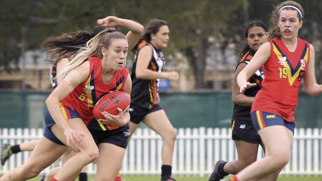 Hannah Munyard wins the ball for South Australia during the 2019 NAB AFLW Under-18 Championships. Picture: Dean Martin