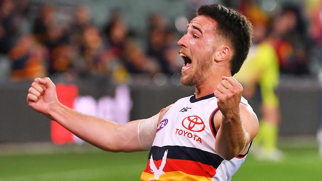 Lachlan Murphy celebrates a goal for the Crows. Picture: Getty Images