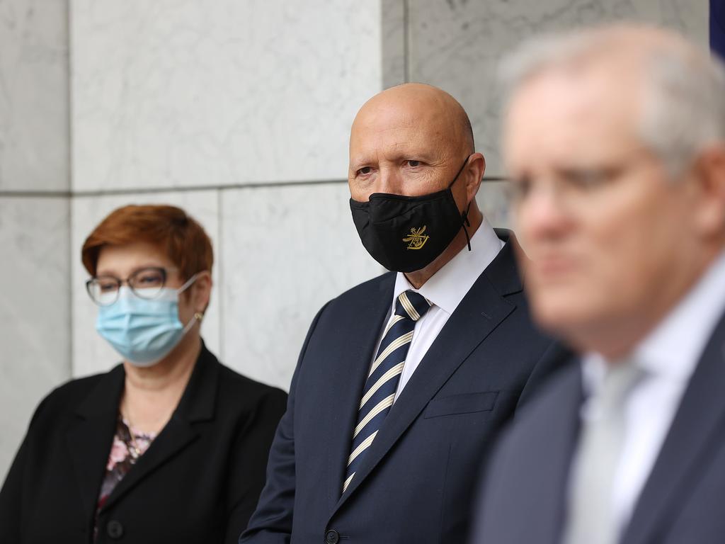 CANBERRA, AUSTRALIA NewsWire Photos AUGUST 27, 2021Marise Payne with Defence Minister Peter Dutton and Prime Minister Scott Morrison during a press conference after the National Cabinet meeting. Picture: NCA NewsWire / Gary Ramage