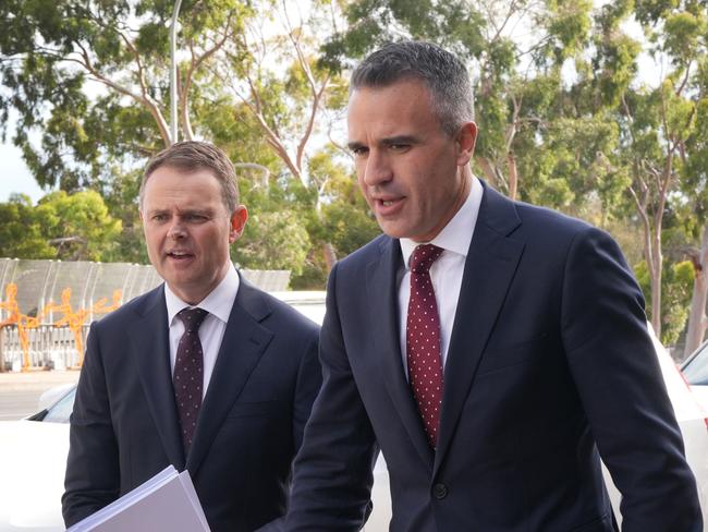 ADELAIDE, AUSTRALIA - NewsWire Photos June 5, 2025: BUDGET SA -South Australia Treasurer Stephen Mullighan (L) and Premier Peter Malinauskas arriving for Budget lockup, ready  to hand down the state budget.  Picture: NewsWire / Dean Martin
