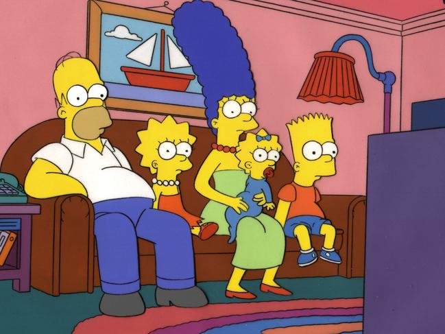 Scenes from The Simpsons Hurricane Neddy episode. The Simpson family seated in front of the TV. Couch.