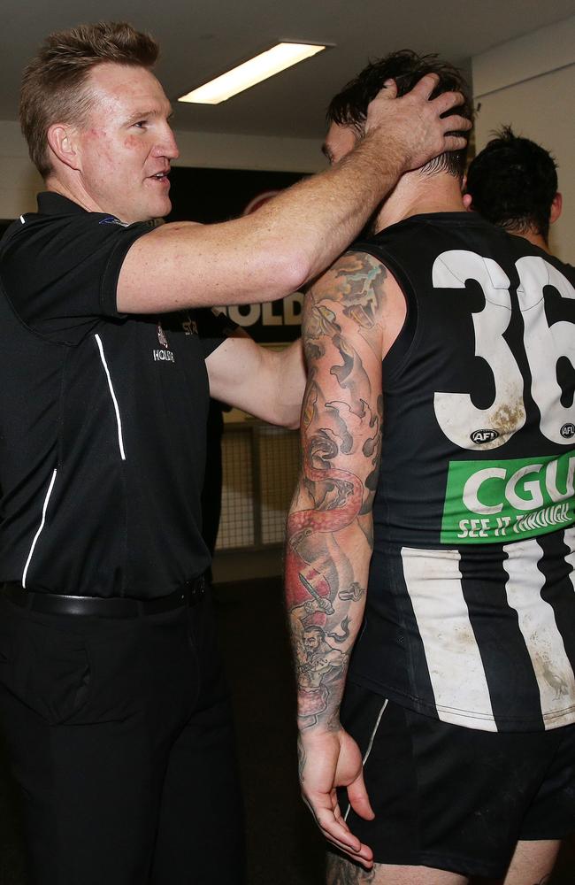 Collingwood coach Nathan Buckley with Dane Swan after the win. Picture: Colleen Petch.