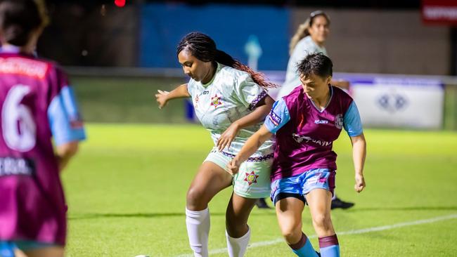 Darwin Hearts' Cecilia Misob (left) has played a huge leadership role in the 2023 NT Football Women's Premier League. Picture: Daniel Abrantes