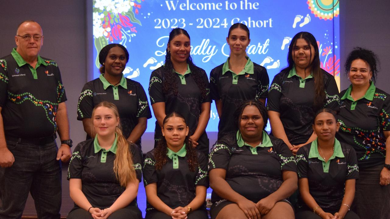 First Nations students, with Connect ‘N’ Grow trainer Rob Wilcock and Seed Foundation pathways support officer Sharon Phineasa, graduated from the Deadly Start Program at a ceremony at Townsville PCYC. Picture: Nikita McGuire