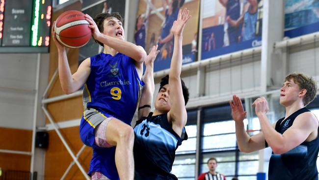 Caleb Cronn (left). GPS First V basktetball game between Churchie and Brisbane Boys Grammar. Saturday September 3, 2022. Picture, John Gass