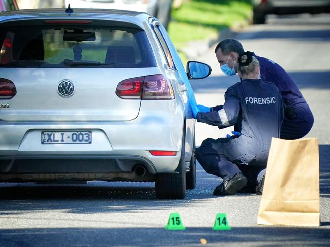 Homicide Squad detectives examined this Volkswagen in the aftermath. Picture: Luis Enrique Ascui