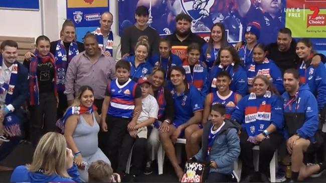 Arty Jones with his family in the rooms after the Bulldogs win on Thursday night.