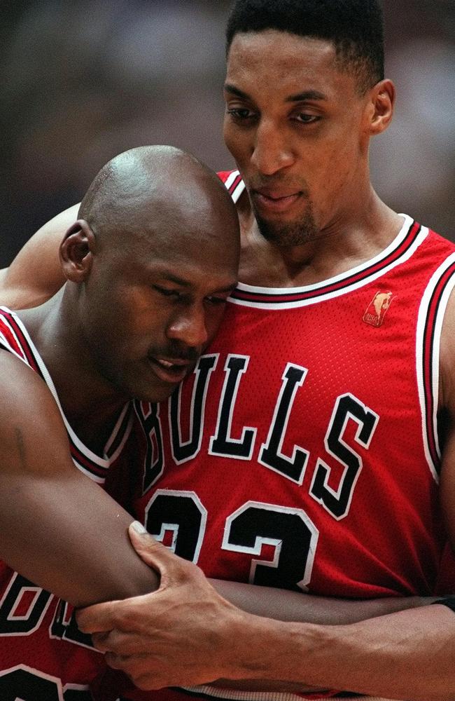 Michael Jordan and Scottie Pippen following their win in game No 5 of the NBA Finals against the Utah Jazz in 1997. Picture: AFP