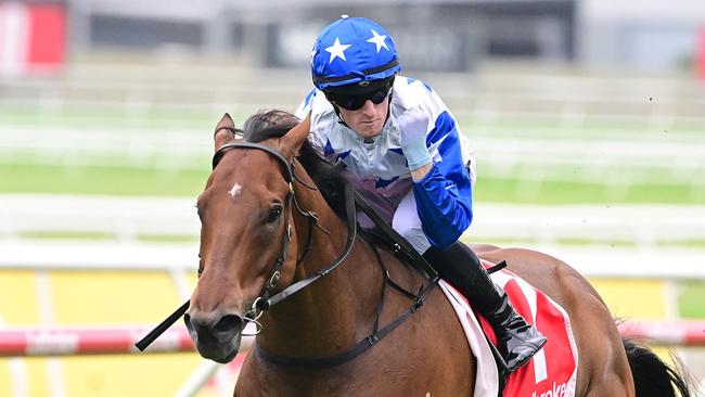 Hidden Wealth scores the Group 3 George Moore Stakes at Doomben in dominant fashion for trainer Tony Gollan and jockey Kyle Wilson-Taylor. Picture: Grant Peters, Trackside Photography.