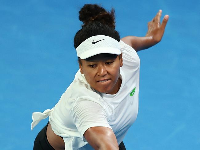 MELBOURNE, AUSTRALIA - JANUARY 08: Naomi Osaka of Japan plays a backhand during a training session ahead of the 2024 Australian Open at Melbourne Park on January 08, 2024 in Melbourne, Australia. (Photo by Graham Denholm/Getty Images)