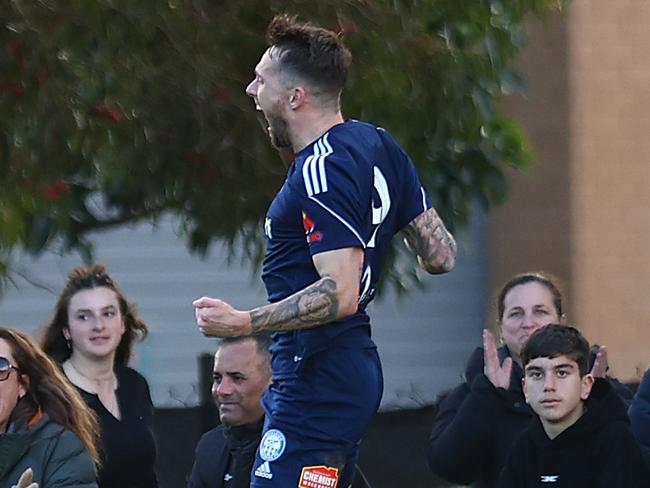 MELBOURNE, AUSTRALIA - AUGUST 13: Alex Salmon of the Oakleigh Cannons (R) celebrates scoring a goal during the round of 32 2023 Australia Cup match between Oakleigh Cannons FC and Melbourne City at Jack Edwards Reserve on August 13, 2023 in Melbourne, Australia. (Photo by Graham Denholm/Getty Images)