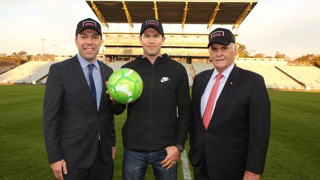 Campbelltown Mayor George Brticevic, Brett Emerton and Lang Walker have backed the United for Macarthur A-League bid. Picture: Robert Pozo