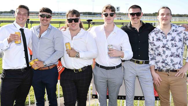 Jack Day, Liam Dawson, Cooper Price, Ricardo Montanez, Jack Chamberlian and Cameron McGuiness at Ladies Oaks Day, Caloundra. Picture: Patrick Woods.